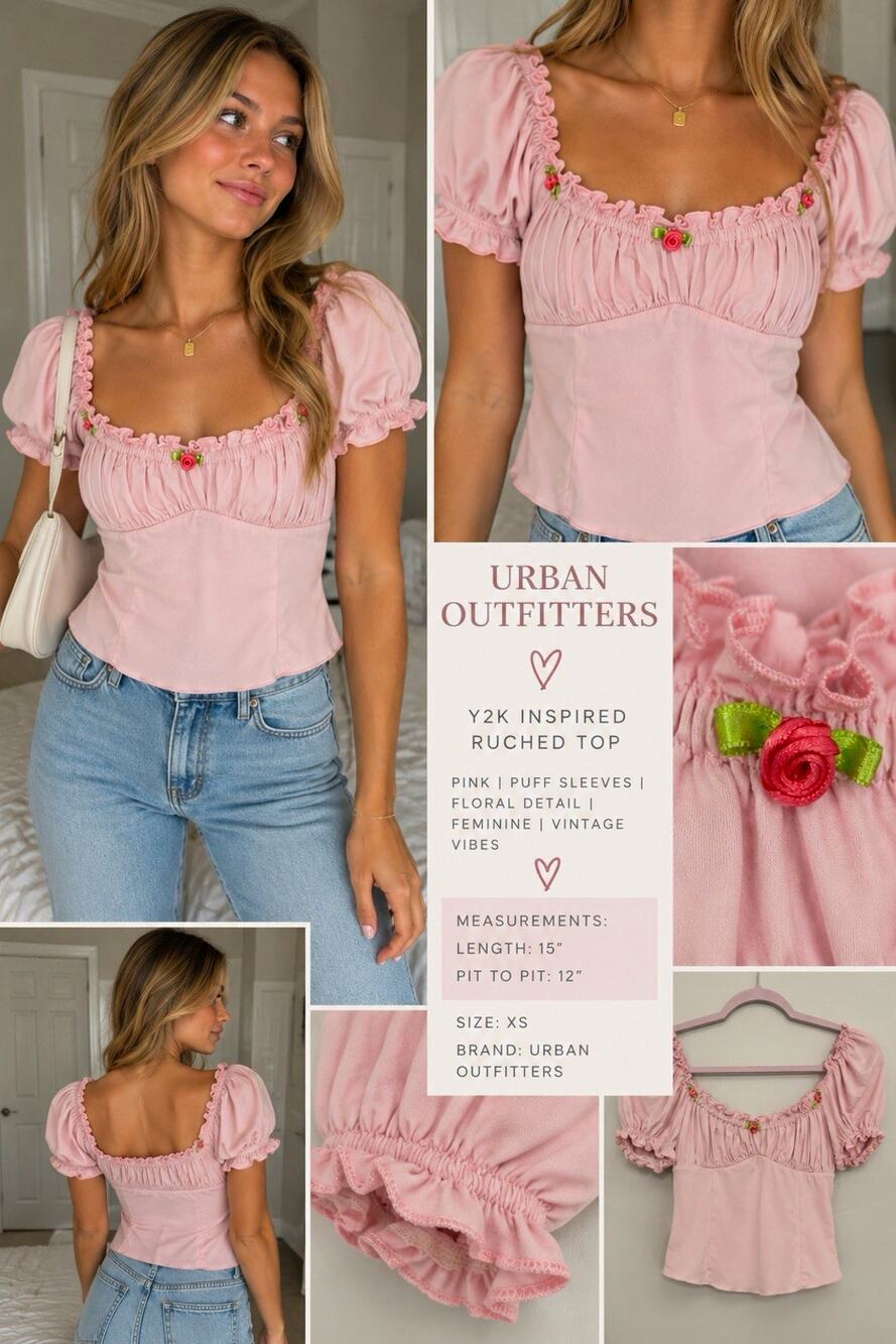 Urban Outfitters Pink Ruched Puff Sleeve Square Neck Ruffle Blouse XS Y2K